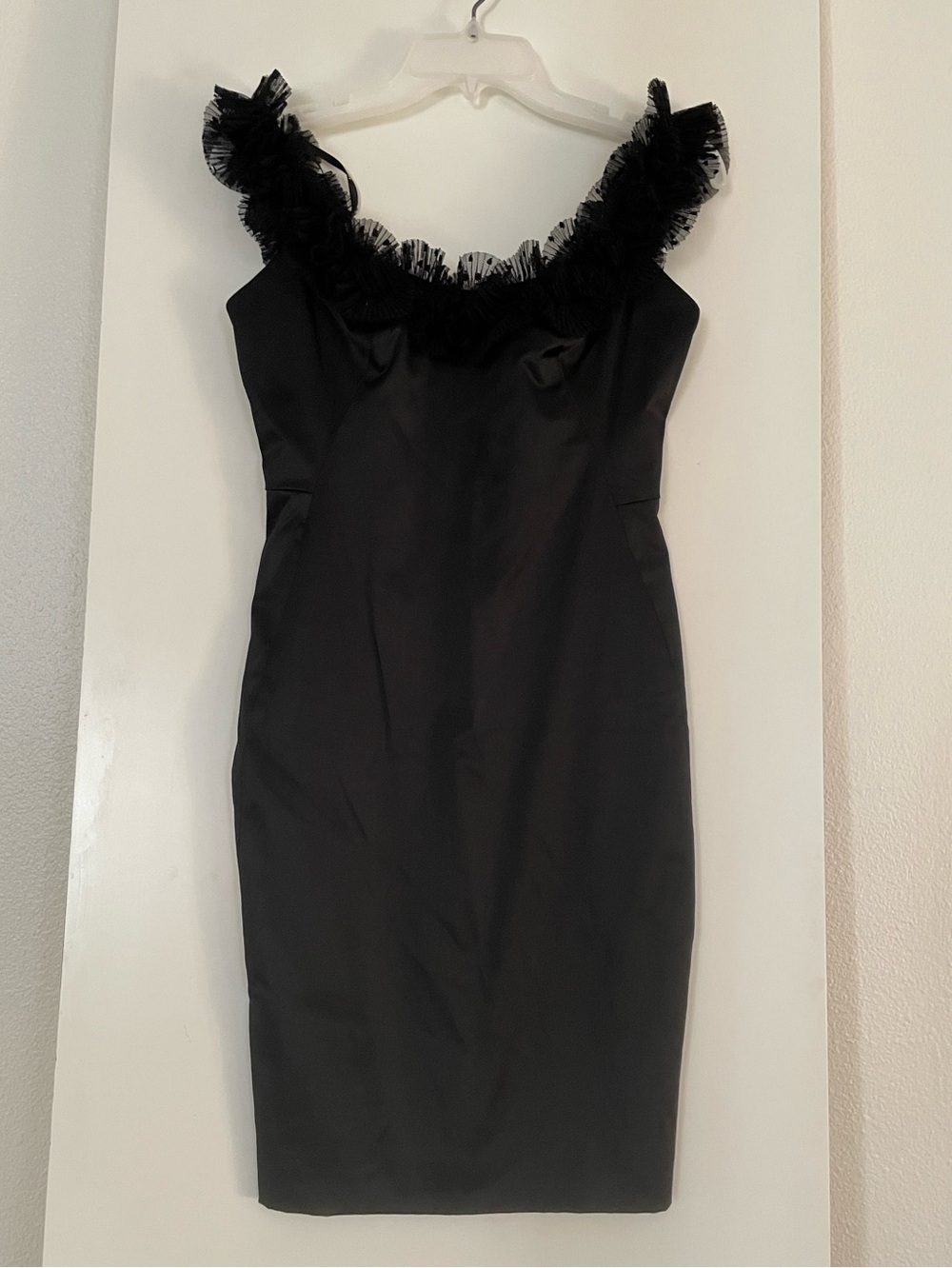 4P: Maggy London Black Satin Classic Cocktail Evening Dress Square Neck NWT!